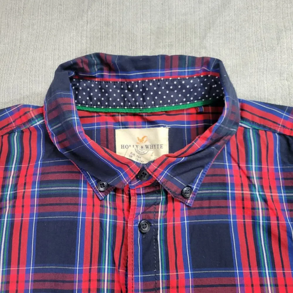 Holly Whyte Lindex Boys LG Tartan Plaid Navy Red Holiday Christmas Shirt EUC
